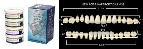 Зубы в боксах New Ace / Million, цвет C2, фасон TL5/L8/M33, 20 полных гарнитуров. от Атридент