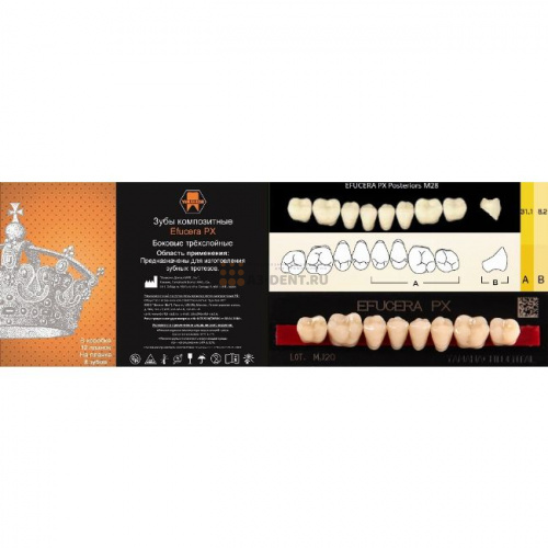 Зубы EFUCERA PX Posteriors, цвет A3, фасон 28, композитные трехслойные боковые нижние, 8 штук на планке.