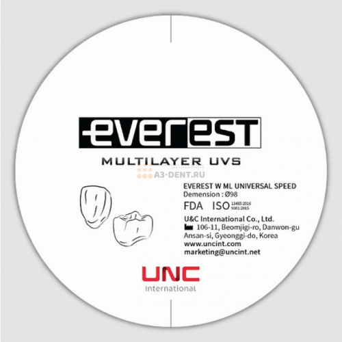 Диск циркониевый Everest Multilayer UVS, размер 98х20 мм, цвет C2, многослойный, для ускоренной синтеризации за 40 минут