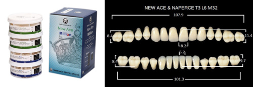 Зубы в боксах New Ace / Million, цвет A3, фасон T3/L6/M32, 20 полных гарнитуров. от Атридент
